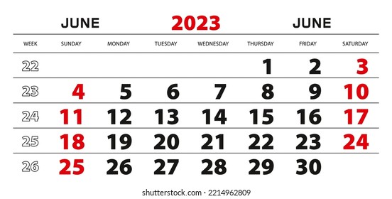 Wall Kalender 2023 für Juni, Woche beginnt Sonntag. Blockgröße 297 x 140 mm.
