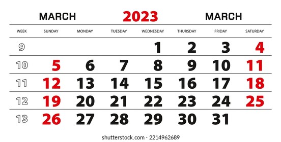 Mauerkalender 2023 für März, Woche beginnt Sonntag. Blockgröße 297 x 140 mm.