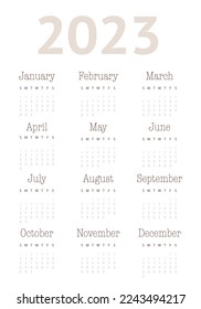 Wall calendar for 2023. In a minimalist style and a light brown shade. The week starts on Sunday. The monthly calendar is ready to print and use.