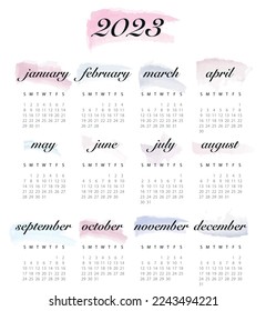 Wall calendar for 2023. In a minimalist style and pink colors. The week starts on Sunday. The monthly calendar is ready to print and use.