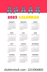 Wall calendar 2023 template with cute bunny. Printable vertical a4 format one-page calendar with cute black rabbits. Week starts on Sunday. Vector illustration 10 EPS.