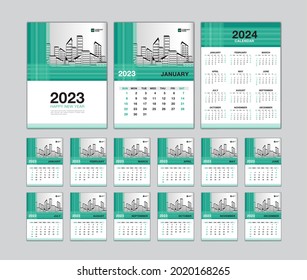 Plantilla de calendario de pared 2023 - Calendario de escritorio 2023 año, diseño de calendario 2024, cubierta verde, Semana comienza el domingo, Conjunto de 12 meses, Planificador, Cartel, Estilo mínimo del calendario, página vertical, vector.