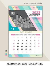Wall calendar 2023 template pastel creative backgrounds, November 2023 layout, Desk calendar 2023 design, poster, planner, Calendar date, Week starts on Sunday, Stationery, vertical page, vector