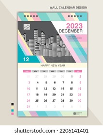 Wall calendar 2023 template pastel creative backgrounds, December 2023 layout, Desk calendar 2023 design, poster, planner, Calendar date, Week starts on Sunday, Stationery, vertical page, vector