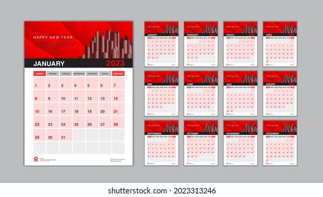 Wall calendar 2023 template red background, Desk calendar 2023 design, planner, Calenar design vertical page, Set of 12 Months, Week starts Sunday, Yearly organizer, Stationery. vector eps 10
