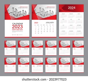 Conjunto de plantillas de Calendario de Paredes 2023 y diseño de Calendario 2024, cubierta roja. La semana comienza el domingo, Conjunto de 12 meses, Calendario de escritorio 2023 diseño, Planner, fondo abstracto rojo, estilo mínimo, Vertical.