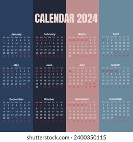 Wall Calendar 2024 with 12 months. Full year calendar with minimalist design.