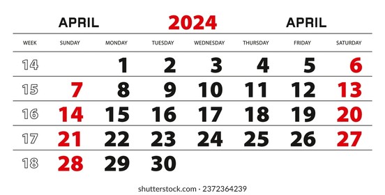 Wall Kalender 2024 für April, Woche beginnt am Sonntag. Blockgröße 297 x 140 mm.