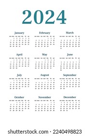 Wall calendar 2024 basic simple. Vertical one sheet with all monthes. Week start on Sunday. A4 A3 A2 A5. Minimalistic calandar template