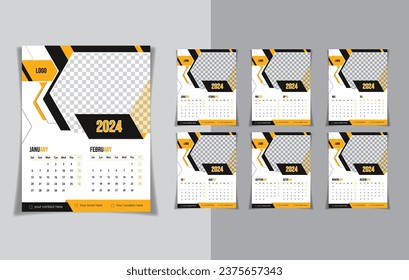 Wall calendar 2024 with color yellow and black, 6 page template design for marketing agency, corporate, business. abstract and minimal calendar template