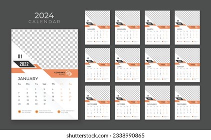 Wall calendar 2024, Company Calendar template, Week start Sunday, Vector wall calendar 2024, Wall calendar in a minimalist style