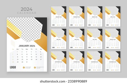 Wall calendar 2024, Company Calendar template, Week start Sunday, 12 page wall calendar 2024, Wall calendar in a minimalist style