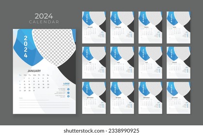 Wall calendar 2024, Company Calendar template, Week start Sunday, 12 page wall calendar 2024, Wall calendar in a minimalist style