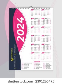 Wall calendar 2024, Calendar Design,  Calendar 2024,  abstract background, abstract calendar, english, holiday,  Us, Print Ready, Free Vector