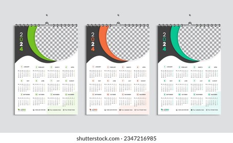 Wall calendar 2024 design template bundle, week starting from Monday. Clean, elegant template schedule planner, 3 abstract gradient color luxury concept, perfect use in home school college and office