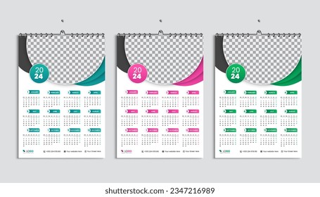 Wall Kalender 2024 Design-Template-Paket, Woche ab Montag. Sauberer, eleganter Vorlagenplaner, 3 abstrakter Farbverlauf-Luxus-Konzept, perfekte Verwendung in der Heimschule und im Büro
