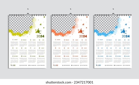 Wall Kalender 2024 Design-Template-Paket, Woche ab Montag. Sauberer, eleganter Vorlagenplaner, 3 abstrakter Farbverlauf-Luxus-Konzept, perfekte Verwendung in der Heimschule und im Büro