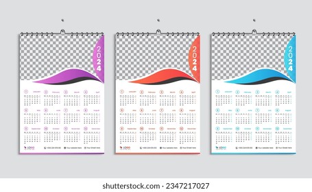 Wall calendar 2024 design template bundle, week starting from Monday. Clean, elegant template schedule planner, 3 abstract gradient color luxury concept, perfect use in home school college and office