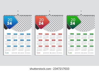 Wall calendar 2024 design template bundle, week starting from Monday. Clean, elegant template schedule planner, 3 abstract gradient color luxury concept, perfect use in home school college and office