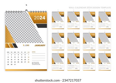 Wall calendar 2024 design template, week starting from Monday, Clean, elegant template schedule planner, abstract golden color and luxury concept, perfect use in home school college and office