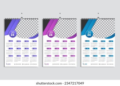 Wall calendar 2024 design template bundle, week starting from Monday. Clean, elegant template schedule planner, 3 abstract gradient color luxury concept, perfect use in home school college and office