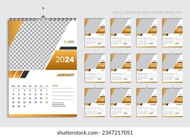 Wall calendar 2024 design template, week starting from Monday, Clean, elegant template schedule planner, abstract golden color and luxury concept, perfect use in home school college and office