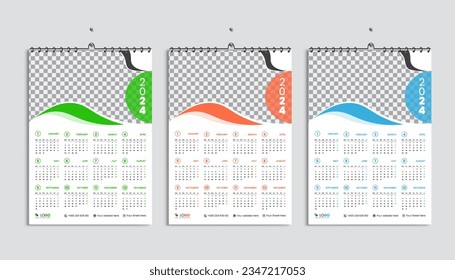 Wall calendar 2024 design template bundle, week starting from Monday. Clean, elegant template schedule planner, 3 abstract gradient color luxury concept, perfect use in home school college and office