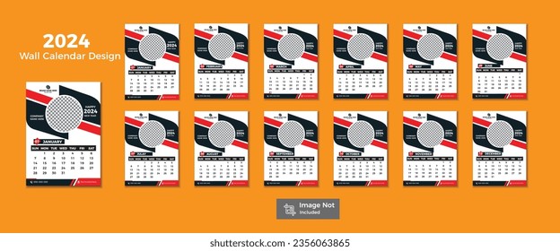 Wall Calendar 2024, Wall-Kalender-Design-Vorlage für 2024, einfacher, sauberer und eleganter Design-Kalender für 2024 Wandkalender-Design,