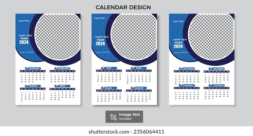 Calendario de pared 2024, plantilla de diseño de calendario de pared para 2024, calendario de diseño minimalista, limpio y elegante.