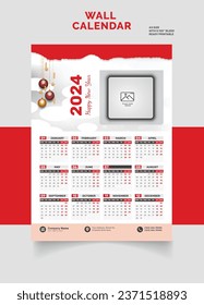 Wall Calendar 2024 Layout single page, one page,  Monthly Quarterly Calendar. Minimalism Style Landscape Calendar for the 2024 year Vector Template The Week Starts on Monday this template 