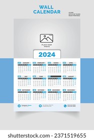 Wall Calendar 2024 Layout single page, one page,  Monthly Quarterly Calendar. Minimalism Style Landscape Calendar for the 2024 year Vector Template The Week Starts on Monday this template