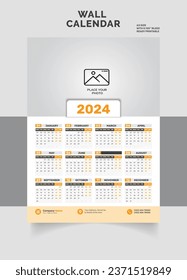 Wall Calendar 2024 Layout einzelne Seite, eine Seite, Monatlicher Quartalskalender. Minimalism Style Landscape Kalender für die 2024 Jahre Vektorvorlage Die Woche beginnt am Montag dieser Vorlage 