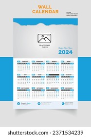 Wall Calendar 2024 Layout single page, one page,  Monthly Quarterly Calendar. Minimalism Style Landscape Calendar for the 2024 year Vector Template The Week Starts on Monday this template