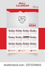 Wall Calendar 2024 Layout single page, one page,  Monthly Quarterly Calendar. Minimalism Style Landscape Calendar for the 2024 year Vector Template The Week Starts on Monday this template 