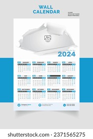 Wall Calendar 2024 Layout single page, one page,  Monthly Quarterly Calendar. Minimalism Style Landscape Calendar for the 2024 year Vector Template