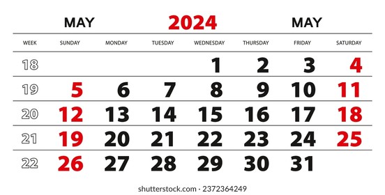 Wall calendar 2024 for may, week start from sunday. Block size 297x140 mm.