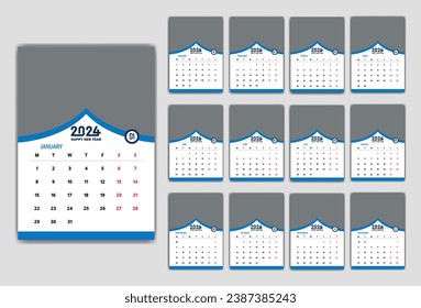 Wall Calendar 2024 new year single page 12 month annual calendar template. Monthly yearly calendar layout ready to print. 2024 annual calendar grid wall or desk layout. Planner for 2024 year, diary.