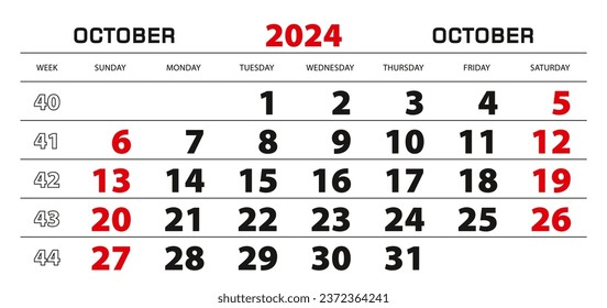 Wall Kalender 2024 für Oktober, Woche beginnt Sonntag. Blockgröße 297 x 140 mm.