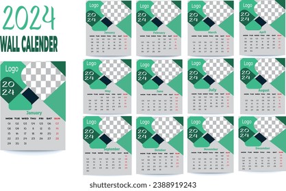 Wall Calendar 2024 planner corporate template design set. Week starts on Monday. template for annual calendar 2024