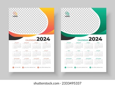 Wall Calendar 2024 Template Design. One Page Calendar. 12 Months Calendar. Week starts on Sunday