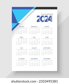 Wall Calendar 2024 Template Design. Print Ready One Page wall calendar template design for 2024. Week starts on Sunday