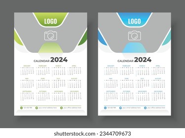 Wall Calendar 2024 Template Design. Print Ready One Page wall calendar template design for 2024. Week starts on Sunday calendar design 2024