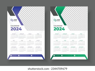 Wall Calendar 2024 Template Design. Print Ready One Page wall calendar template design for 2024. Week starts on Sunday calendar design 2024. Week starts on Sunday calendar design 2024