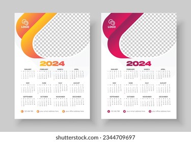 Wall Calendar 2024 Template Design. Print Ready One Page wall calendar template design for 2024. Week starts on Sunday calendar design 2024. Week starts on Sunday calendar design 2024