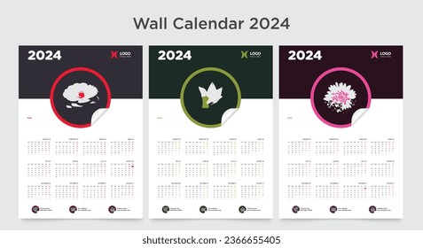 Diseño de plantillas del calendario de pared 2024, año 2024