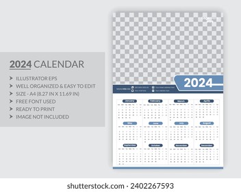 Wall Calendar 2024 Template Design. Print Ready One Page wall calendar template design for 2024.