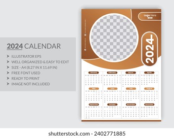 Wall Calendar 2024 Template Design. Print Ready One Page wall calendar template design for 2024.