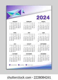 Wall calendar 2024 template, desk calendar 2024 design, Week start Sunday, business flyer, Set of 12 Months, Week starts Sunday, organizer, planner, printing media, calendar design purple background