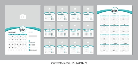 Plantilla de calendario de pared 2024. Plantilla de calendario 2024 de diseño moderno