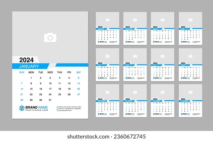 Plantilla de calendario de pared 2024. Plantilla de calendario 2024 de diseño moderno